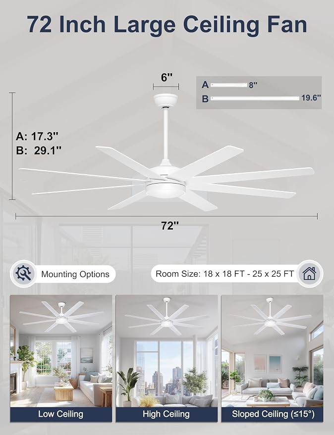 72'' White Large Ceiling Fan with Lights for Indoor/Covered Outdoor | Remote/APP Control, 3CCT Dimmable, Quiet DC Motor, Reversible Airflow, 8 Blades Modern Big Overhead Fan for Patio Living Room