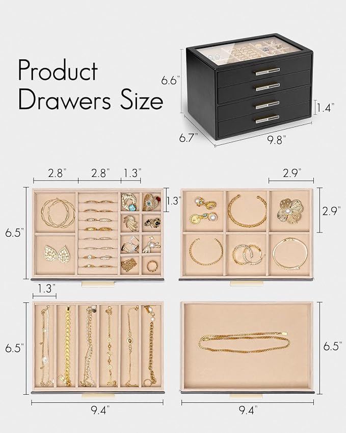 VLANDO 4 Layer Jewelry Box for Women, Glass Lid Jewelry Organizer with 4 Drawers for Necklaces Rings Earrings Bracelets - Black