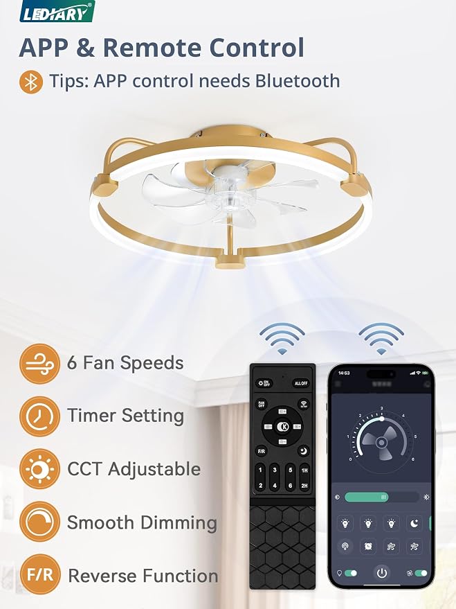 LEDIARY Ceiling Fans with Lights and Remote, 20'' Low Profile Ceiling Fan with Light, 3000-6000K Dimmable Fandelier LED Fan Light, 6 Wind Speeds, Gold Modern Flush Mount Ceiling Fan for Bedroom