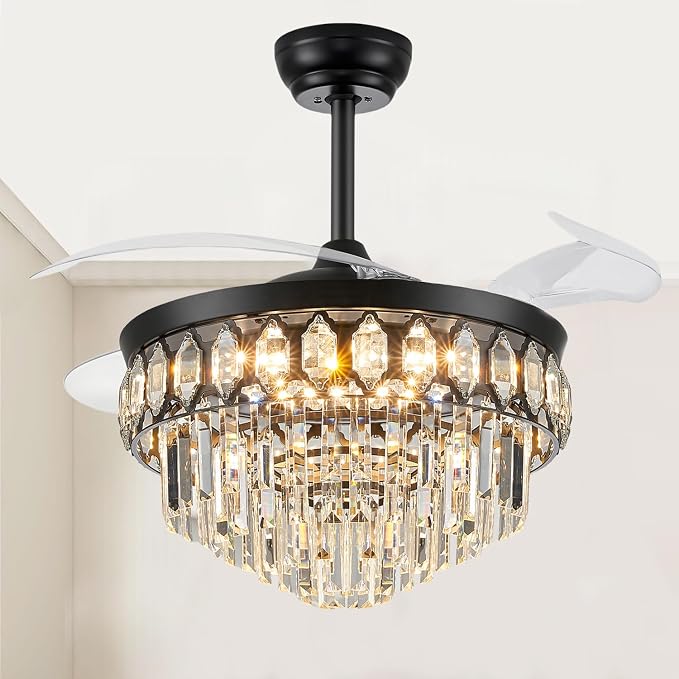 FIDGRA 42 Inch Fandelier Ceiling Fan with Light, Retractable Ceiling Fan with Lights Chandelier Fan for Bedroom, Living Room, 3 Color Temperature, 6 Wind Speed-Black