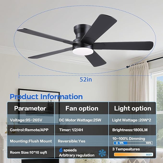 Ayaoty 52" Black Ceiling Fans with Lights- Flush Mount Fan Light with 5 Reversible Blades, 3CCT Dimmable, DC, Low Profile Ceiling Fan for Modern Indoor, Covered Outdoor
