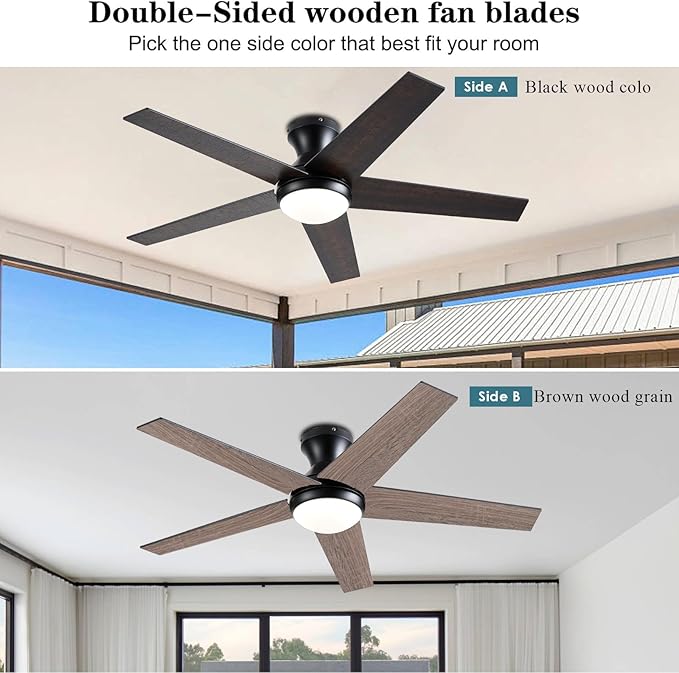 Ayaoty Ceiling Fans with Lights, 52" Low Profile Indoor Ceiling Fan with Light and Remote Control, Dimmable, Noiseless, Reversible, Brown Ceiling Fan for Bedroom, Indoor/Outdoor Use