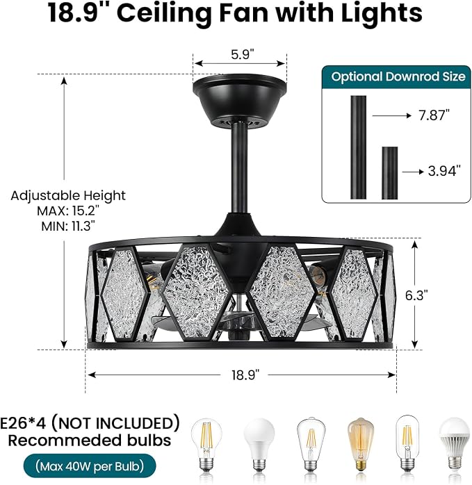 Crystal Caged Ceiling Fans Lights: 18.9'' Farmhouse Fandelier Ceiling Fan with Remote 6 Speeds Black Semi Flush Mount Industrial Chandelier Modern Low Profile Ventilador de Techo for Bedroom Kitchen