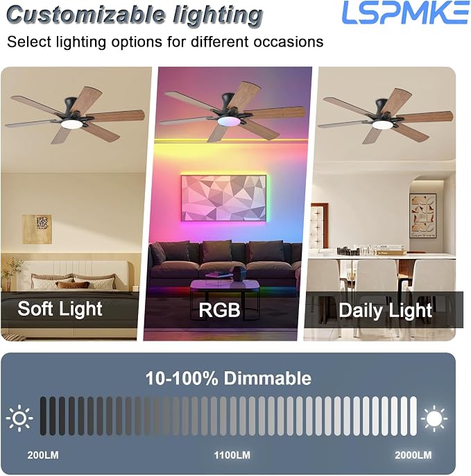 52 Inch Ceiling Fans with Lights, Low Profile Ceiling Fan with Light and Remote, Quite DC Motor,Flush Mount, 3CCT, Dimmable, Brown RGB Ceiling Fan for Bedroom, Living Room, Indoor/Outdoor Use