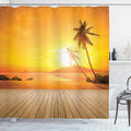 Ambesonne Ocean Shower Curtain, Sunset Over The Ocean with Palm Tree and Wooden Deck Horizon View Image Tropical, Cloth Fabric Bathroom Decor Set with Hooks, 69" W x 70" L, Orange Brown