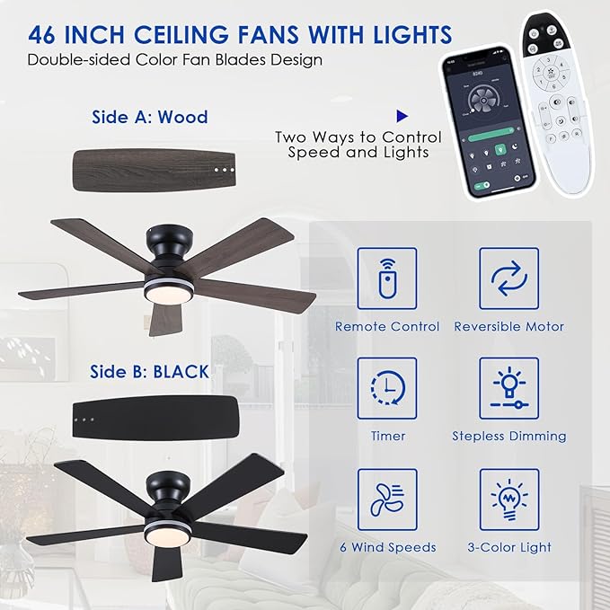 Black RGB Ceiling Fans with Lights - 46" Flush Mount Ceiling Fan with Remote APP, RGB+3CCT Dimmable Led Light, Reversible 6 Wind Speeds&2H Timer, Low Profile Modern Fan Light Fixture for Bedroom Party