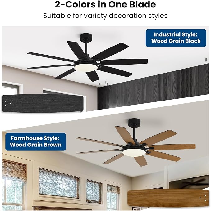 Conciseer Modern 65 Inch Ceiling Fans with Lights and Remote for Living Room Home Office Indoor/Outdoor,3CCT LED 36W, Dual Color 8 Blades 6 Speed Reversible Quiet DC Motor, Black/Wood Grain