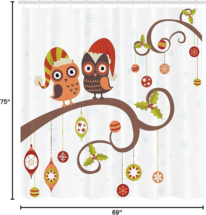 Ambesonne Christmas Shower Curtain, Owls on Celebrating Twiggy Tree Branches Annual Yule Noel Christmas Themed Print, Cloth Fabric Bathroom Decor Set with Hooks, 69" W x 75" L, Brown Red