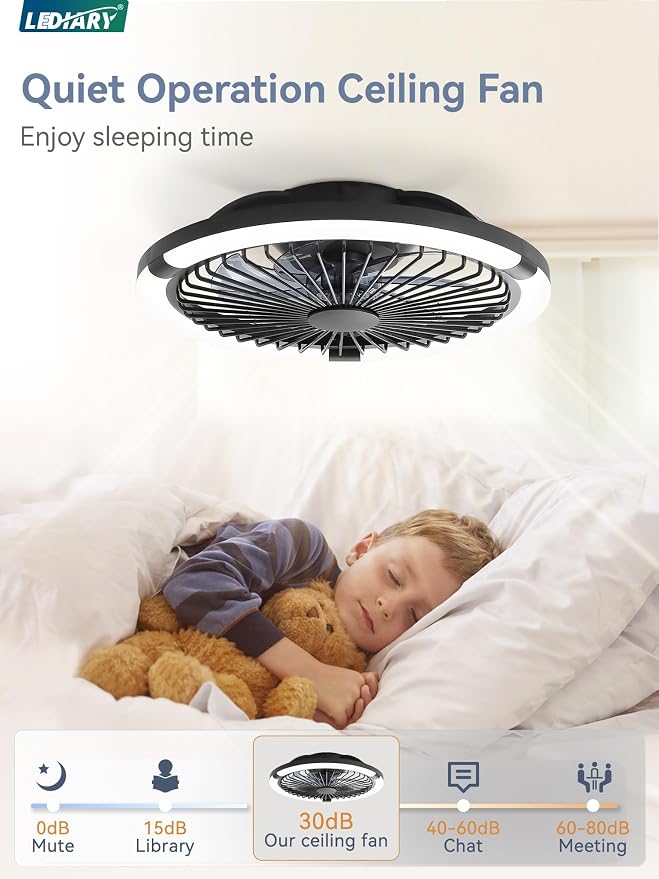 LEDIARY 20" Bladeless Ceiling Fan with Light,Low Profile LED Ceiling Fans with Remote & Smart APP Control,Modern Enclosed Flush Mount Fandelier with Timming,6 Speed,3000-6000K,Bedroom,Kids Room-Black