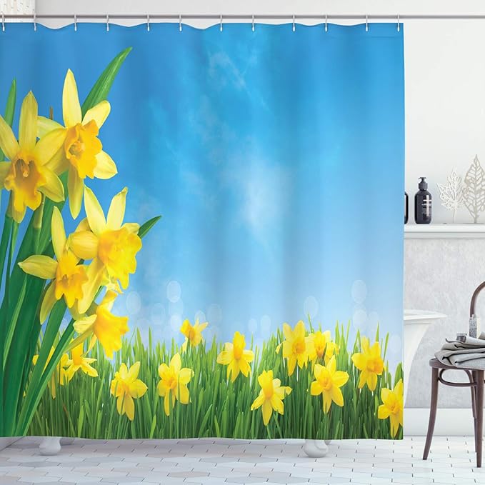 Ambesonne Daffodils Shower Curtain, Spring Narcissus Flowers in Grass Sunny Clear Sky Summer Floral Image, Cloth Fabric Bathroom Decor Set with Hooks, 69" W x 70" L, Green Yellow