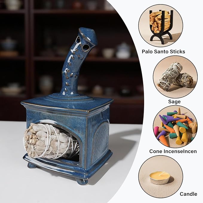 MOUGIGI Ceramic Palo Santo Holder & Mini Chiminea Smudge Bowl | Multi-Functional Burner for Sage Sticks, Incense Cones, Copal,and Candles |Perfect for Energy Cleansing,Yoga Meditation| Anxiety Relief