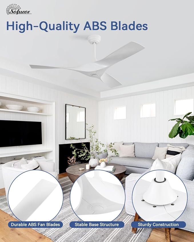 Sofucor 52 Inch Ceiling Fans No Lights, Modern Ceiling Fan with 3 Plastic Blades, 4500CFM 6-Speed 3-Timer Reversible DC Motor, for Bedroom Living Room Patios Office, ETL/FCC