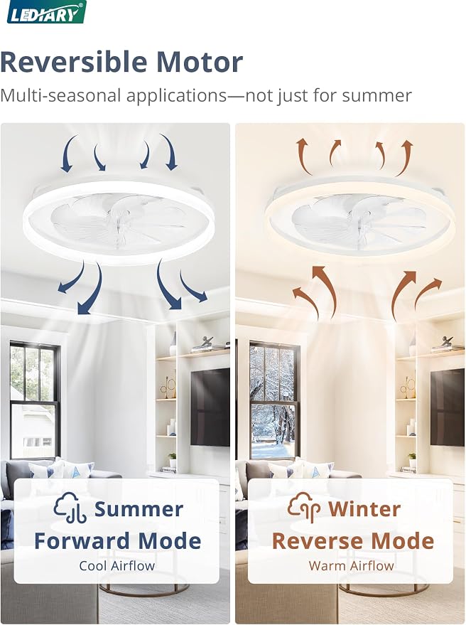 LEDIARY Ceiling Fans with Lights, 23 inch Low Profile Flush Mount Ceiling Fan, Dimmable LED, APP & Remote Control, Quiet Reversible DC Motor, 6 Speeds, Fandelier for Bedroom, White