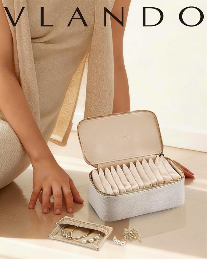 VLANDO Travel Jewelry Case,Jewelry Box with 12 Velvet Jewelry Pouch Jewelry Travel Organizer for Women Girl Jewelry Case Necklace Rings Earrings Bags Wedding Gifts (White)
