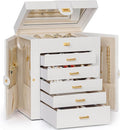 AKOZLIN 6-Tier Jewelry Box Organizer Functional 5 Drawers Leather Jewelry Storage Case for Women Girls Ring Necklace Earring Bracelet Holder Organizer with Mirror Medium White