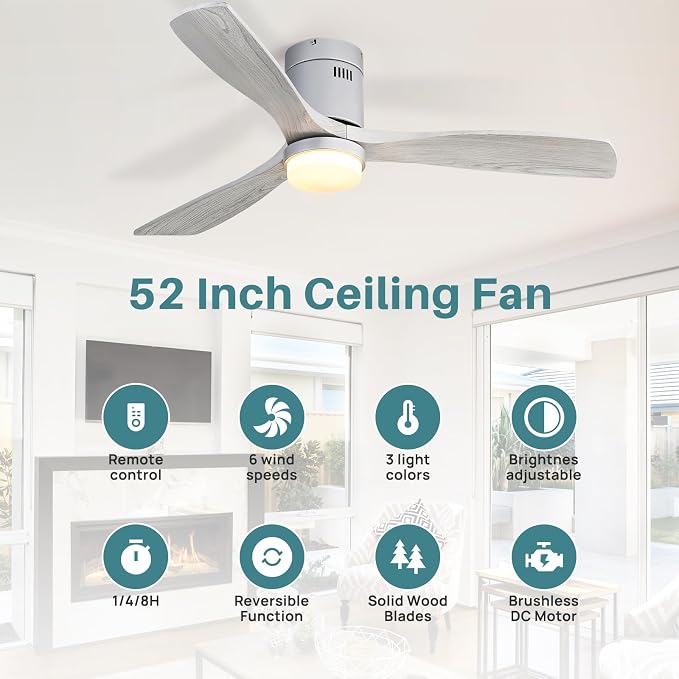 Sofucor 52 Inch Flush Mount Ceiling Fan with Lights and Remote, Grey | Solid Wood Low Profile Ceiling Fans, 3CCT Dimmable 6 Speed Timing Noiseless LED Ceiling Fan, Bedroom/Farmhouse/Patio/Indoor