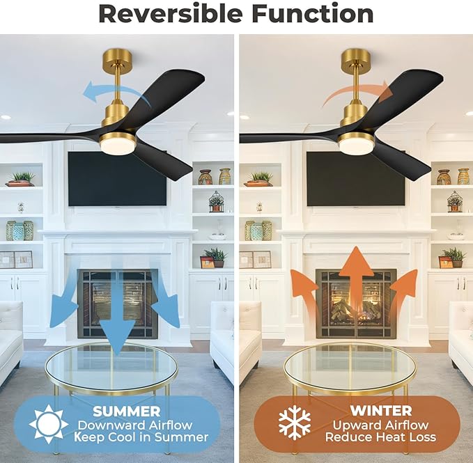 60 inch Smart Ceiling Fan with Lights,Outdoor Ceiling Fan 3 Wood Blades Compatible with Alexa/Gg Voice Control&App&Remote,Quiet DC Motor for Covered Patio Porch Bedroom,Black and Gold