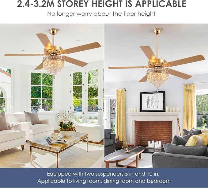 62"Golden Crystal Chandelier Ceiling Fans with Lights and Remote Control | Classical Design,6 Reversible Speeds,30W Quiet DC Motor,5 Wooden Blades,3*E12 LED Bulbs Included,for Living Room Bedroom