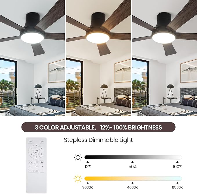 52 Inch Ceiling Fans with Lights and Remote, Flush Mount Black Ceiling Fan, 5 Blades, Dimmable, Reversible Motor, 3-Color Temperatures, 6 Speeds for Bedroom, Living Room, Patio
