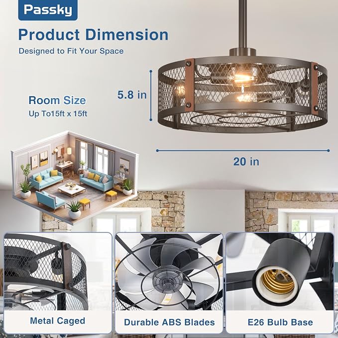 Passky 20 Inch Farmhouse Caged Ceiling Fans with Lights and Remote, Black Downrod Mount Bladeless Fandelier, 6 Speeds Bladeless Ceiling Fan Light for Bedroom, Kitchen, Living Room, Indoor