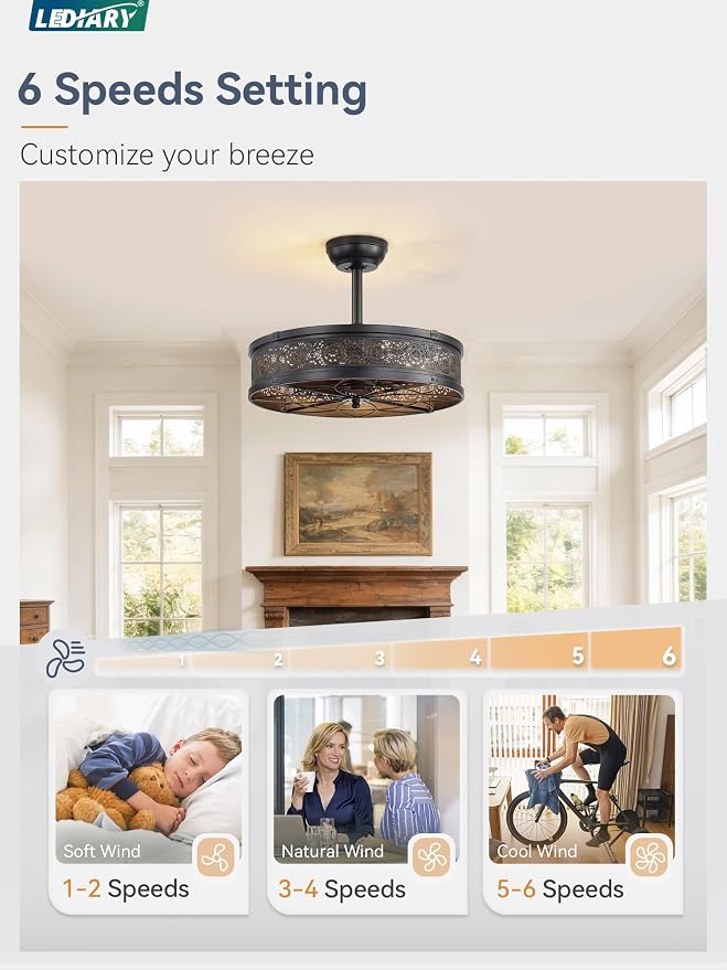 LEDIARY Farmhouse Chandelier Ceiling Fan with Light,20 Inch Black Caged Enclosed Bladeless Fan Lights Ceiling Fixtures,Vintage Victorian Rustic Fandelier for Indoor,Kitchen,Bedroom,Living Room