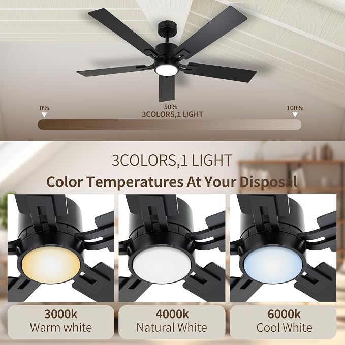 Ceiling Fan with Light for Bedroom: 52 Inch Modern Ceiling Fans with Dimmable Tri-Color Temperature LED - Quiet Reversible DC Motor - Indoor Outdoor Paito Sloped Roof Use (Matte Black)