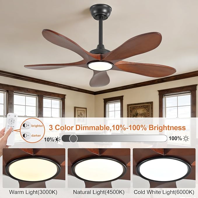 42 Inch Black Ceiling Fans with Lights and Remote Control, Indoor Outdoor Modern Wood Ceiling Fan with Light for Patio Study, Bedroom, 5 Blades, Dimmable, Reversible DC Motor, Memory Function