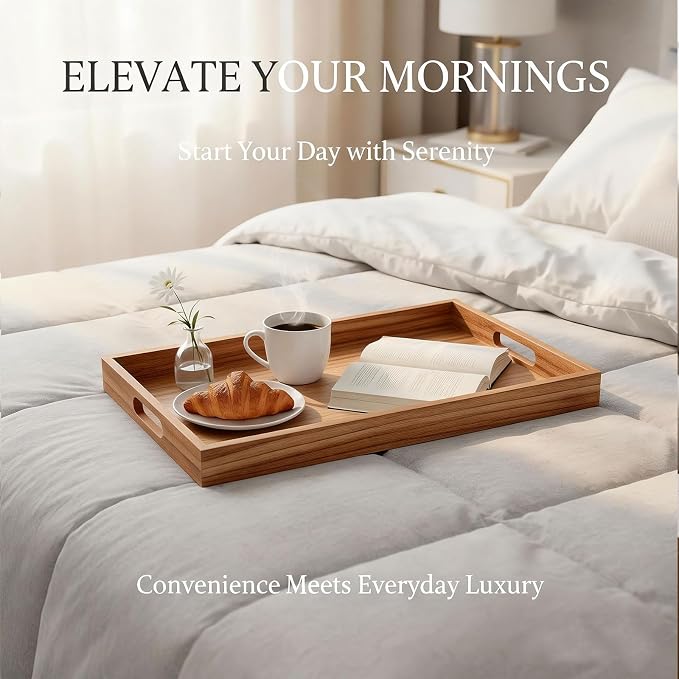 Krismax Wooden Serving Tray with Handles, Rustic Brown Rectangular Serving Platter 15.7x11.4 Inch for Coffee Table, Decorative Storage Tray