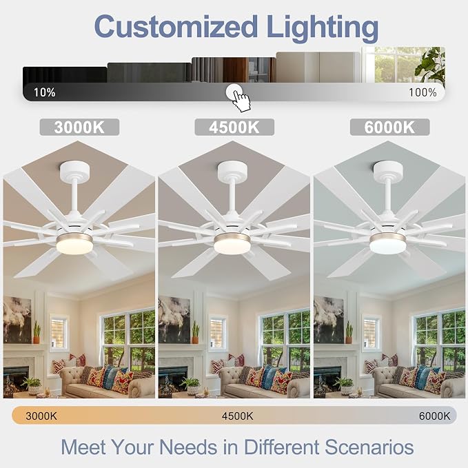 60 Inch Smart Ceiling Fan, White Indoor/Outdoor Ceiling Fans with Lights and Remote, Compatible with Alexa/Google/App, 3CCT Dimmable 6 Speeds Timing for Living Room Bedroom Patio