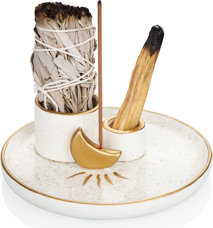 ZenBless Multifunction Incense and Candle Holder for Burning Sage, Palo Santo, Incense Sticks - 5.9" Ceramic Ash Catcher Tray for Meditation Room Home Decor Spritual Gifts (Gold)