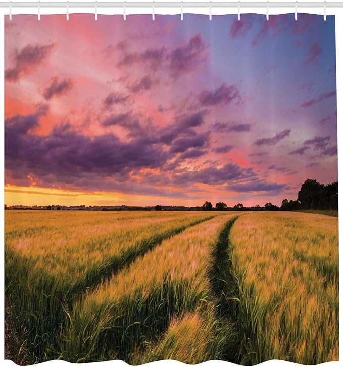 Ambesonne Rustic Shower Curtain, Flowing Crop at Sunset Morning in Nature Countryside Style Cloudscape Scene Print, Cloth Fabric Bathroom Decor Set with Hooks, 69" W x 75" L, Yellow Green