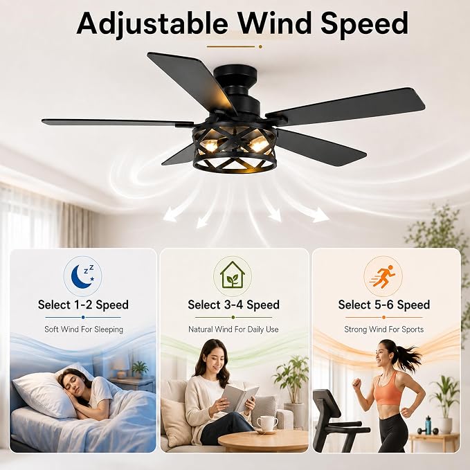 Qcyuui 52 Inch Farmhouse Ceiling Fan with Light and Remote Black Industrial Caged Flush Mount Ceiling Fan with Dual Finish 5 Blades 6 Speed Reversible Motor Rustic Ceiling Fan for Living room