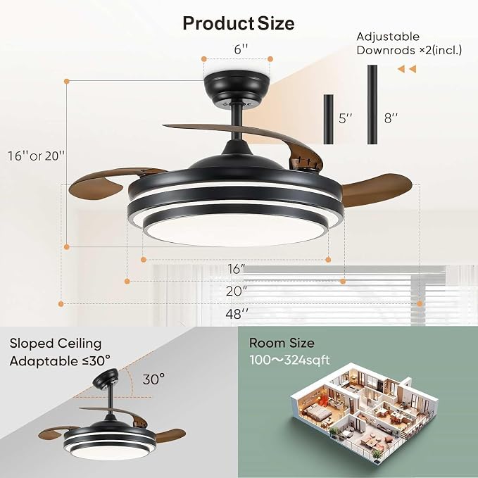 FIDGRA 48 Inch Fandelier Ceiling Fan with Light, Retractable Ceiling Fan with Lights for Bedroom Living Room Dinning Room, Chandelier with Fan 6 Speed, 3 Color Temperature-Black