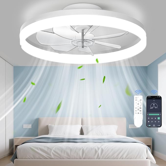 Ceiling Fans with Lights and Remote, 20" Foldable Modern Low Profile Ceiling Fan with Light, Stepless Color Temperature Change and 6 Speeds for Bedroom, Kids Room and Living Room(White)