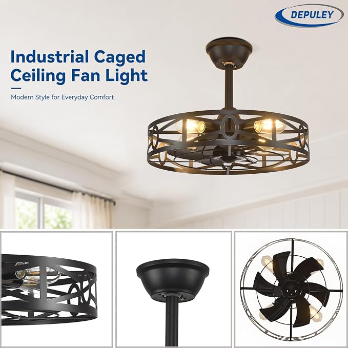 Depuley Caged Ceiling Fans with Light: 20-Inch Black Metal Enclosed Farmhouse Fandelier for Kitchen Bedroom - Industrial Semi Flush Mount Ceiling Fans with Remote 6 Speeds Reversible Motor Timer