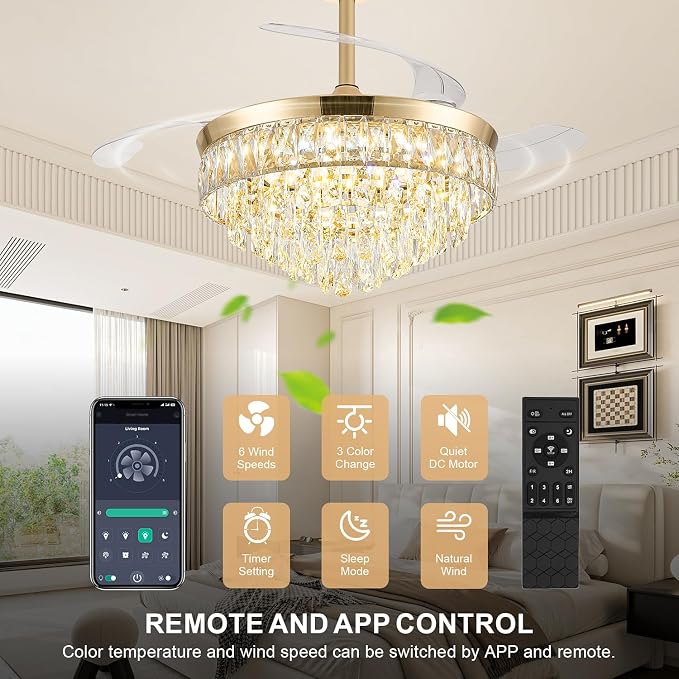 42'' Chandelier Ceiling Fan with Lights, Retractable Fan with Remote and APP, Crystal Fandelier Ceiling Fan, Dimmable LED, Reversible Motor, Quiet for Bedroom Living Room-Gold