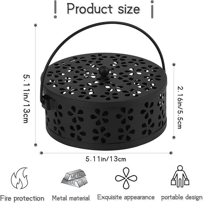 Portable Iron Mosquito Coil Holder with Handle Round Heat-Resistant Incense Holder for Home Office Camping (Black)