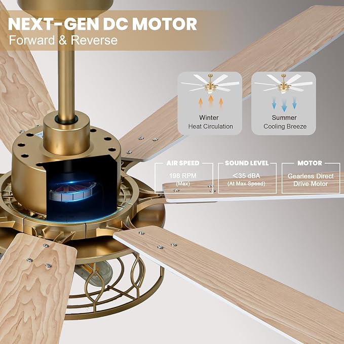 Dawn Whisper 72 Inch Large Ceiling Fans with Lights Modern White Gold Farmhouse Ceiling Fan for Living Room Bedroom 6 Speed Reversible Quiet DC Motor