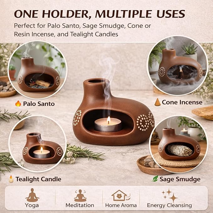 Palo Santo Holder, Chimney Palo Santo Burner, Ceramic Incense Holder with Ash Catcher for Yoga, Meditation, Home Fragrance & Cleansing, Burning Palo Santo Sticks, Cone Incense, Resin, Sage