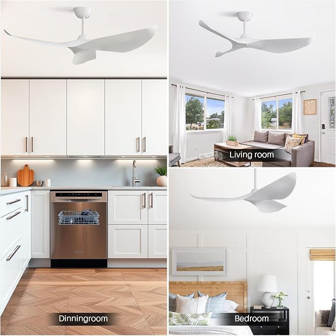 CACI Mall 52" White Ceiling Fan No Light, Modern, Remote Control, Low Profile, 3 Blades Ceiling Fan with Noiseless Reversible Dc Motor for Living room, Bedroom