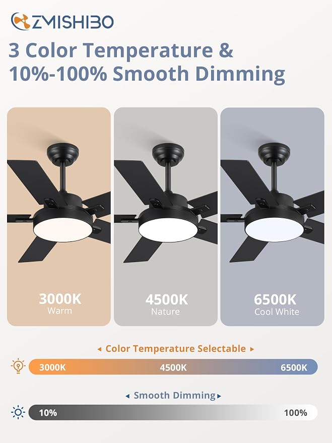 ZMISHIBO 42 Inch Ceiling Fans with Lights, Smart Remote/APP Control, Modern Ceiling Fan with 6 Speeds & 3CCT, Dimmable 30W LED, Quiet DC Motor, Noiseless for Living Room, Bedroom, Kitchen, Black