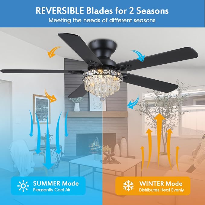 GJeg Crystal Ceiling Fan Fandelier with Lights-Ceiling Fans with Remote Control,Modern Ceiling Fan with Noiseless DC Reversible Motor,Dining Room,Living Room(52" Black)