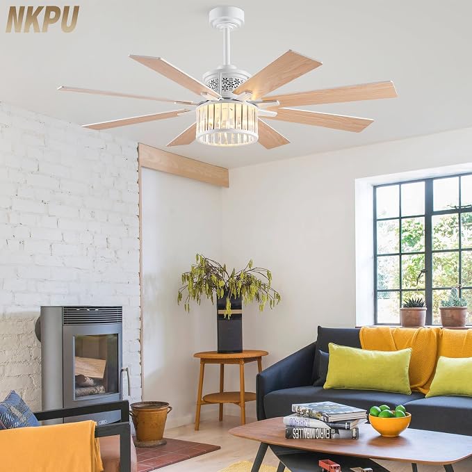 NKPU 52" Farmhouse Crystal Ceiling Fans with Lights and Remote, Chandelier Industrial Ceiling Fan with Dual 8 Blades, 6 Speed Reversible Motor, Timing, White Ceiling Fan for Living room, Bedroom