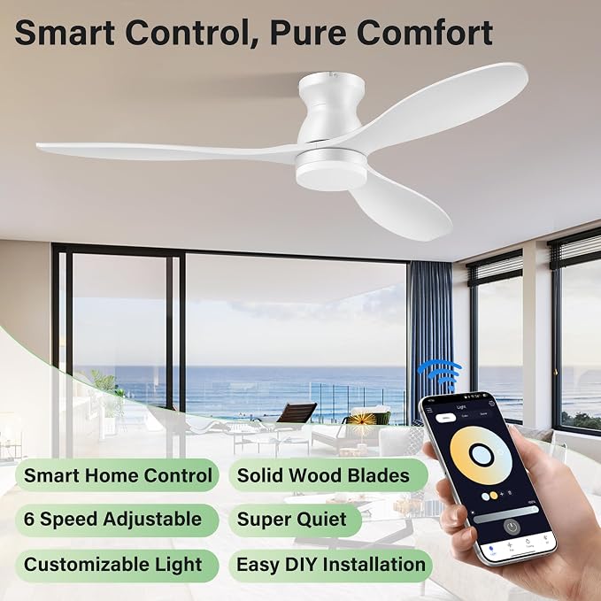52" Wood Ceiling Fans with Lights Remote,Smart Control via Wifi Alexa APP,Quiet DC Motor,Modern Flush Mount Hugger Ceiling Fan for Low Profile Bedroom,Patio,Matte White,Outdoor Indoor,3 Blade,Dimmable