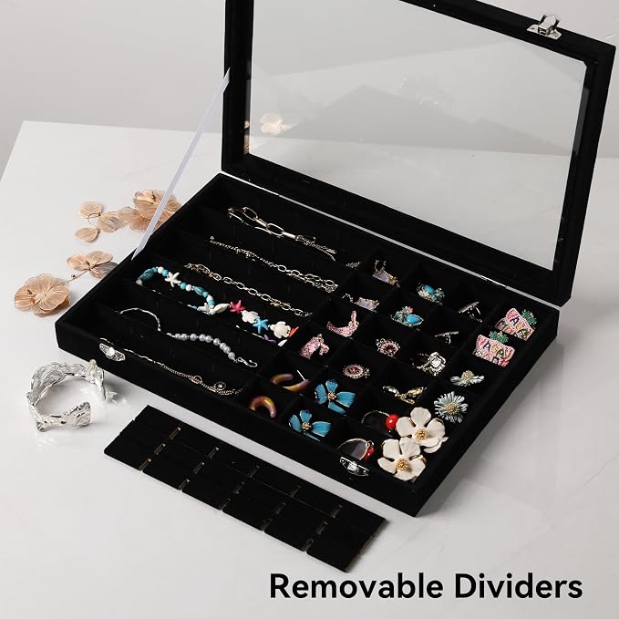 Frebeauty 48 Grid Earring Organizer,Velvet Jewelry Tray with Clear Lid | Drawer Jewelry Organizer for Rings Studs Beads,Adjustable Dividers,Dustproof,Earring Storage,Trinket Box,13.8×9.5Inches