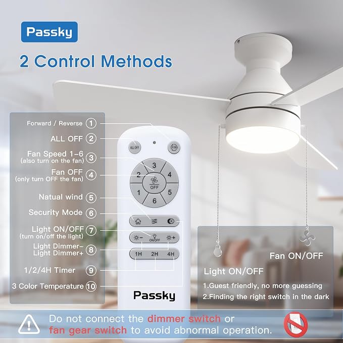 Passky Ceiling Fans with Lights, 42 inch Low Profile Ceiling Fan with Pull Chain and Remote Control, Flush Mount, Reversible, 5CCT, Dimmable, Noiseless, White Pull Cord Ceiling Fan for Bedroom