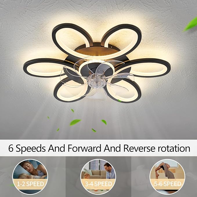 Black-Star Ring Ceiling Fans with Lights and Remote, 27 Inch Modern Low Profile Flush Mount Ceiling Fan, Dimmable LED Ceiling Light Fixture, Small Ceiling Fans for Bedroom, Kitchen, Indoor-Black