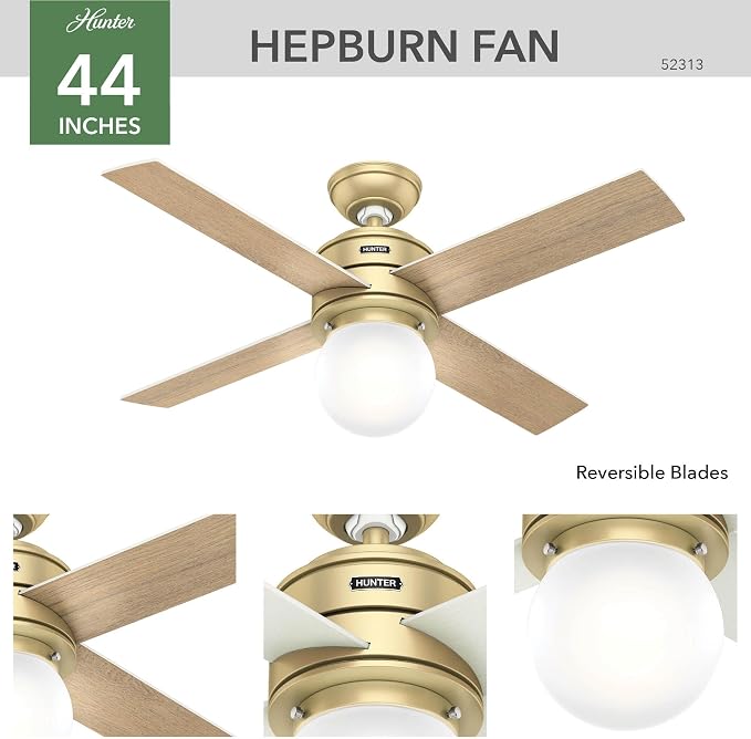 Hunter Hepburn, Indoor, Ceiling Fan, with LED Light, 44 inch, Modern Brass