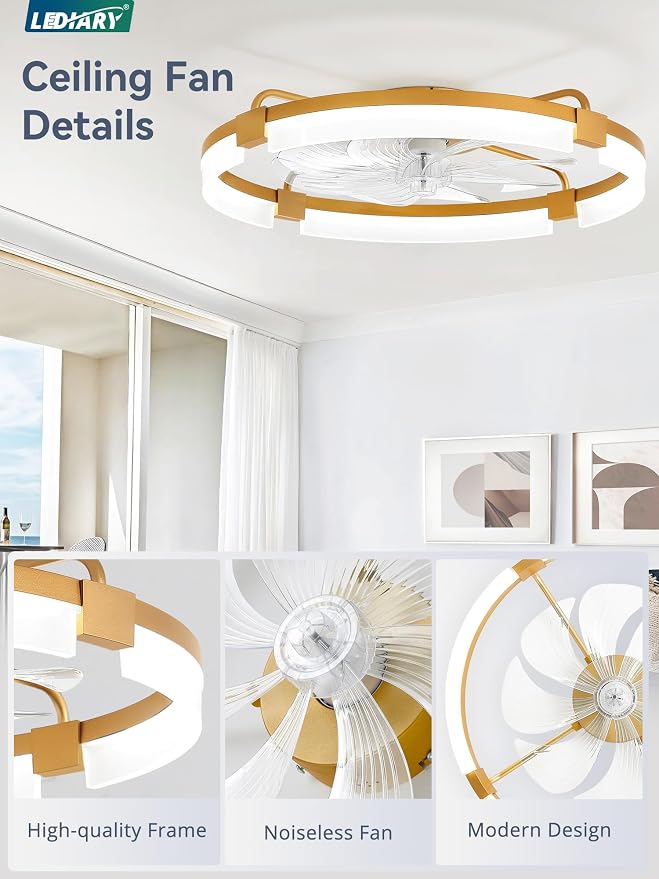 LEDIARY 24" Ceiling Fans with Lights and Remote, Modern Low Profile Ceiling Fan, 3 CCT, Stepless Dimmable, Fandelier Flush Mount Fan Light, 6 Speeds, DC Motor, App & Remote Control for Bedroom(Gold)