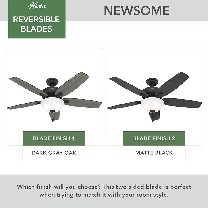 Hunter 52 inch Indoor Ceiling Fan with LED Light - Black Ceiling Fan with Pull Chain, for Bedroom or Living Room, Standard Mount, No Remote, 5 Blades, Includes Bulbs - Newsome 52395, Matte Black | Standard Mount, Pull Chain, 5 Blades, For Bedroom, Livi...